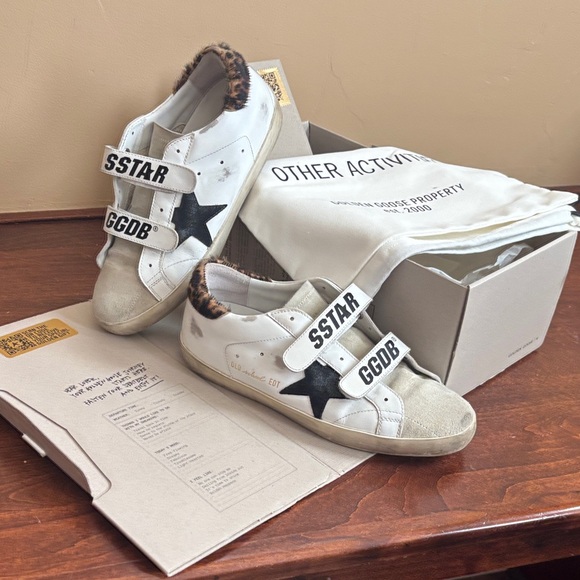 Golden Goose White and Black Sneakers with Leopard Accent - Picture 1 of 6